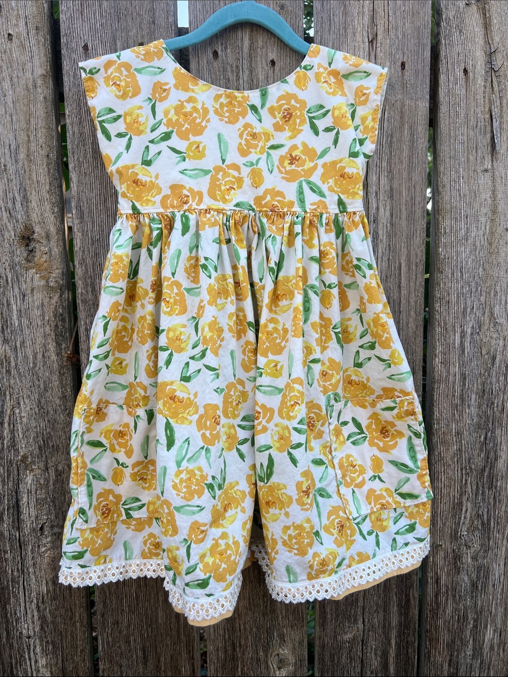 Girls Yellow Floral Cotton Dress with Lace Trim